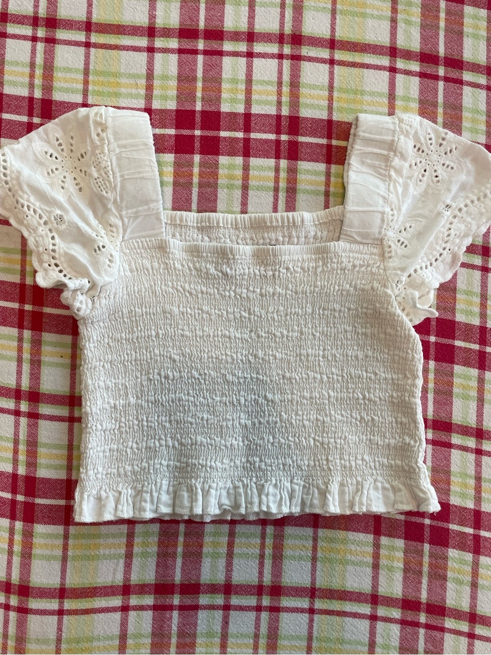 Cotton Smocked Crop Top with Eyelet Puff Sleeves